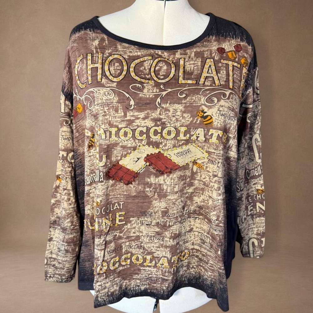 Y2K Euro Style Chocolate Graphic Rhinestone Long Sleeve Top 2X Brown